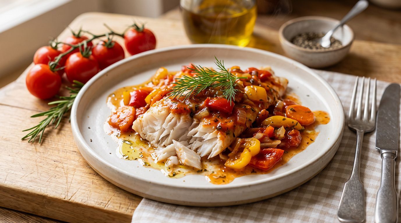 Минтай с овощами и томатами